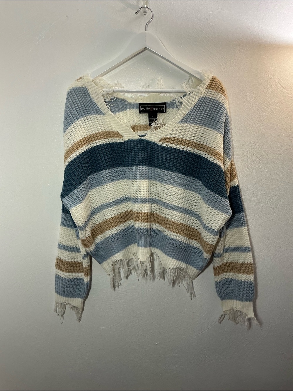 Polly & Esther Blue Cream Tan Striped Distressed V-Neck Sweater Size Medium